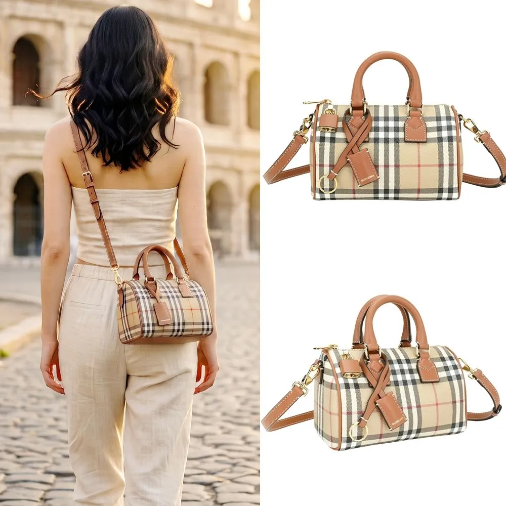 【BURBERRY 巴寶莉】格紋塗層手提/斜背波士頓包(多款可選)(肩背 兩用包 帆布包)