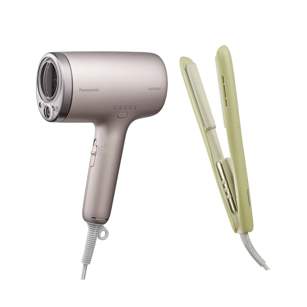 【Panasonic 國際牌】奈米水離子吹風機-迷霧金+直捲兩用造型器-抹茶歐蕾 買大送小(EH-WNA9M-E+EH-HV31-G)