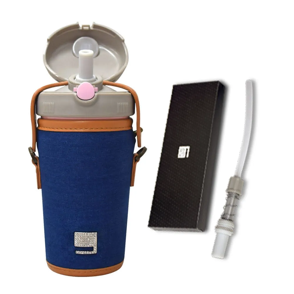 【Purenine】Kids兒童時尚彈蓋隨身多功能 不鏽鋼 保溫杯-290ML附杯套+背帶(牛仔杯套+粉色瓶組)