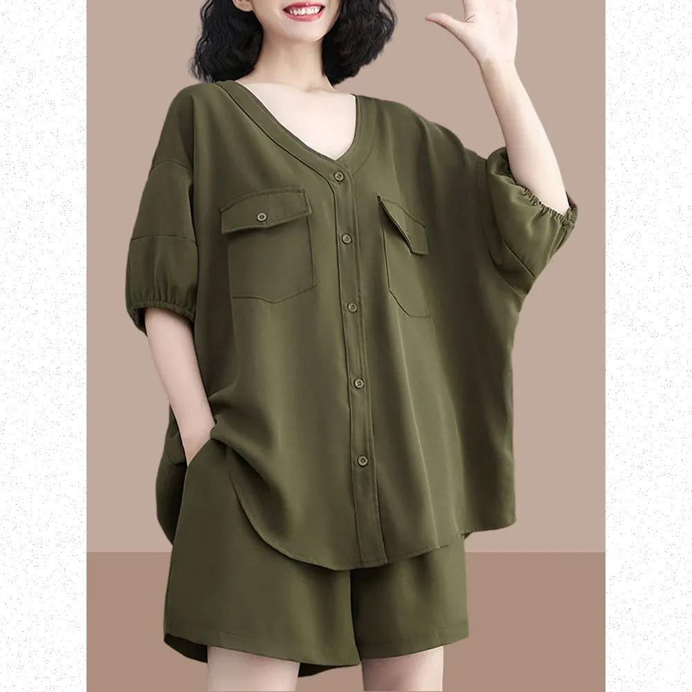 【Very Buy 非常勸敗】微胖減齡套裝大尺碼女裝大尺碼時髦大尺碼顯瘦套裝遮肚子休閒時尚夏季