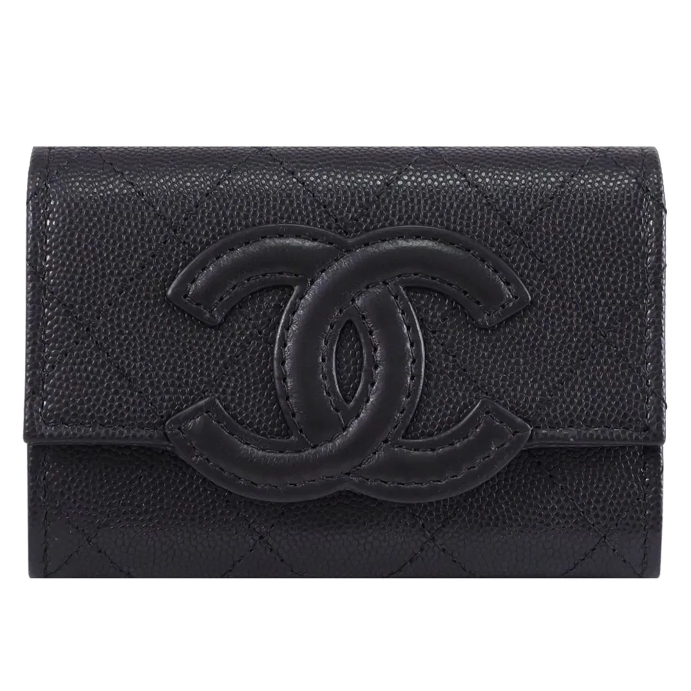 【CHANEL 香奈兒】CC Filigree 經典雙C荔枝牛皮信用卡零錢簡易皮夾(黑)