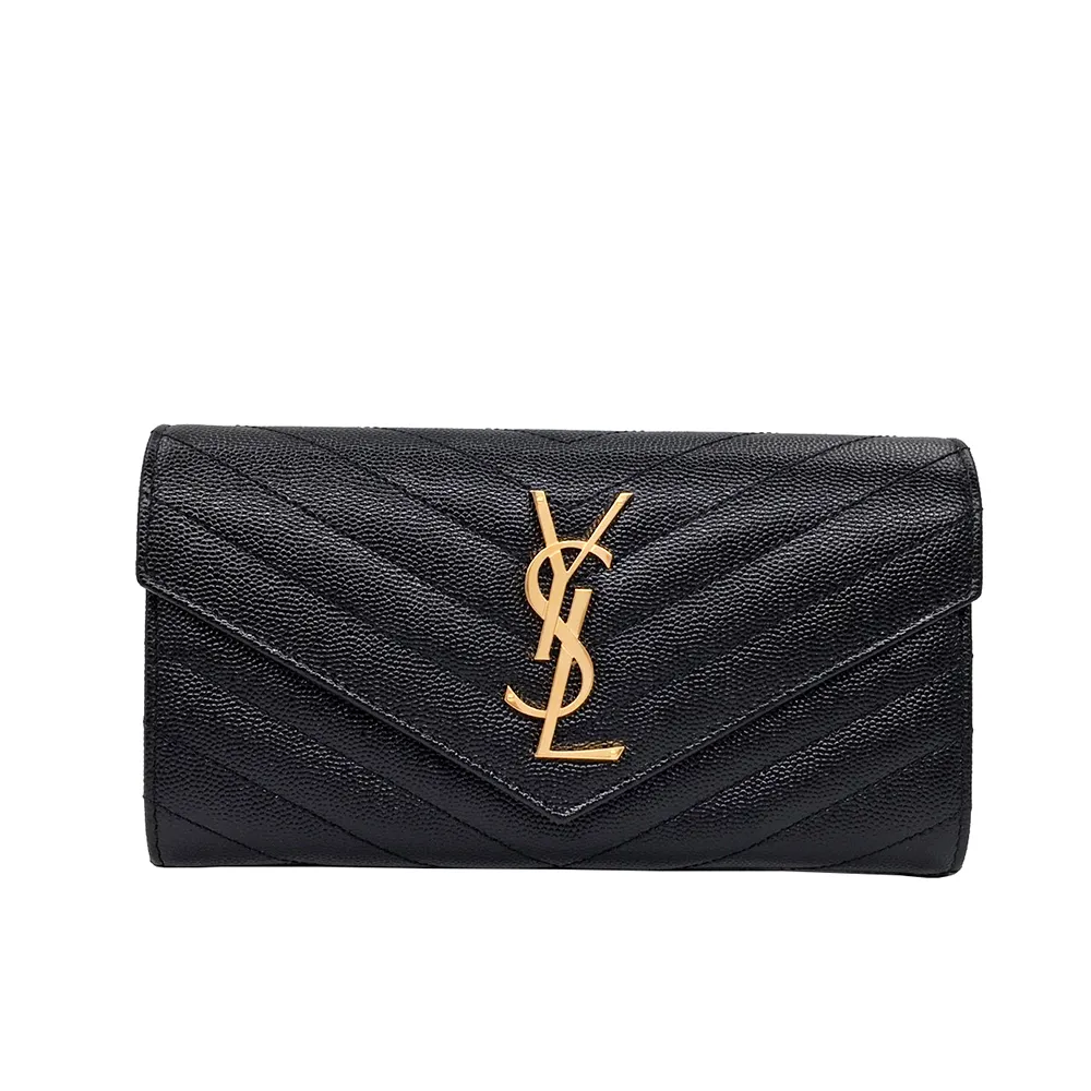 【YSL】372264 黑 金字(V紋荔枝牛皮 扣式長夾)
