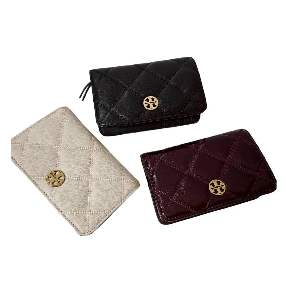 【TORY BURCH】TORY BURCH Willa 菱格紋皮革對開釦式中夾 多色可選(七夕情人節)