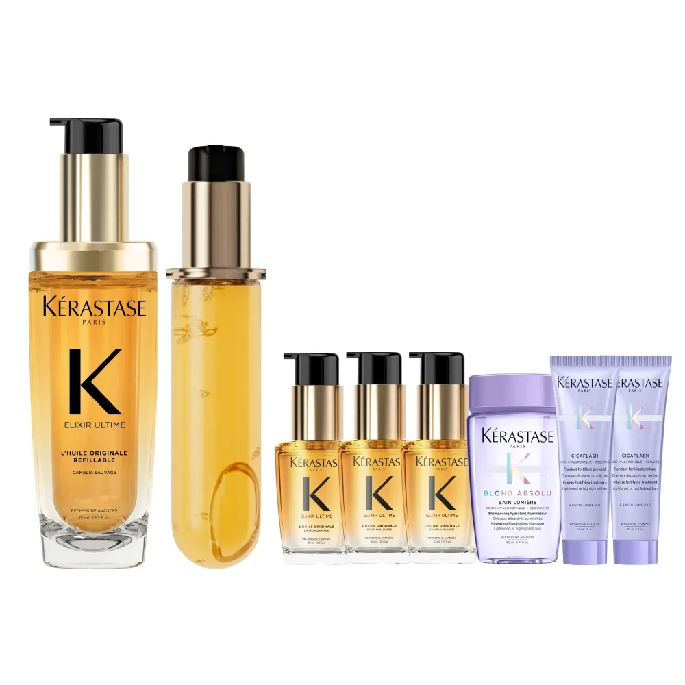 【KERASTASE 巴黎卡詩】金緻柔馭山茶花鎏光露75ml+填裝瓶75ml(升級版奢光小金油/極致保濕/抗躁/護髮油/髮油