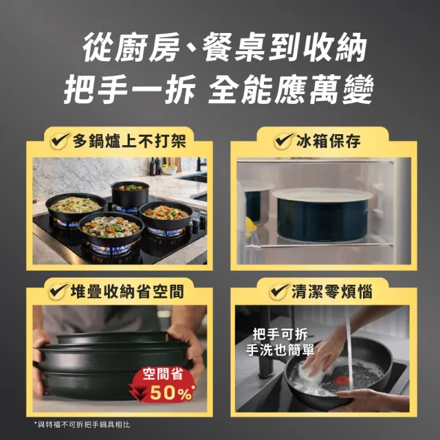 【Tefal 特福】精悍巧變精靈系列不沾鍋8件組-熔岩黑(適用電磁爐)