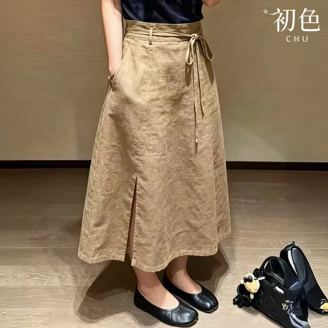 【初色】簡約通勤風純色高腰收腰綁帶側開衩寬鬆百搭A字裙中長裙半身裙-卡其色-53836(M-XL可選)