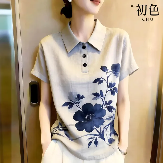 【初色】復古風翻領單排釦花卉印花插肩短袖襯衫上衣女上衣-淺灰色-53694(M-XL可選)