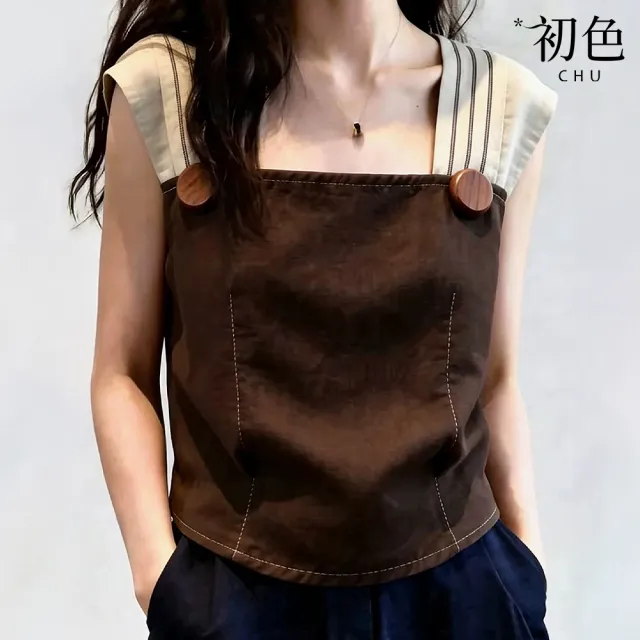 【初色】日韓休閒風方領條紋撞色肩帶寬鬆顯瘦短袖T恤上衣女上衣-深棕色-53730(M-XL可選)