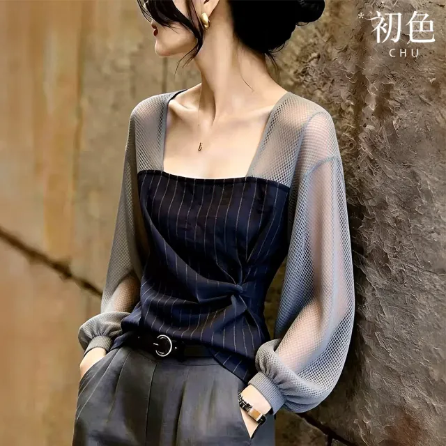 【初色】韓系方領拼接網紗長袖收腰壓褶條紋上衣女上衣-藏青色-53769(M-XL可選)
