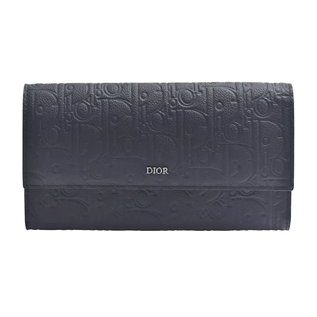 【Dior 迪奧】經典Dior Gravity小牛皮金屬DIOR字樣翻蓋長夾(黑色)