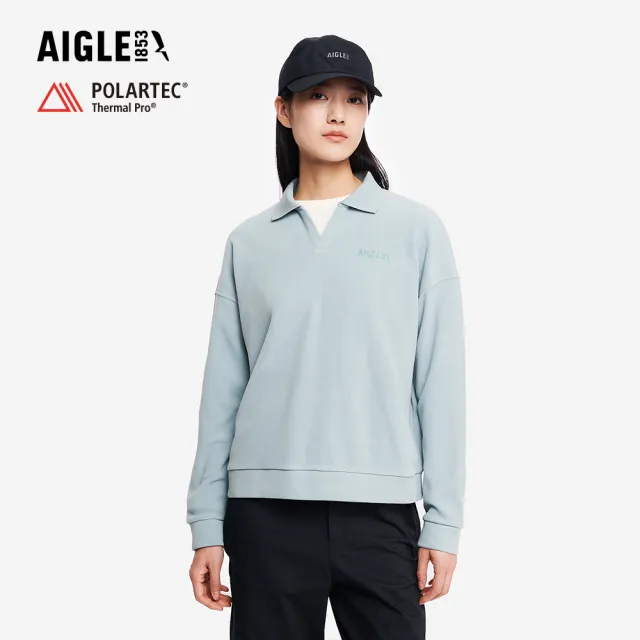 【AIGLE】女 POLARTEC 刷毛POLO衫|AG-5A241A251 迷霧藍 (女長袖上衣 POLO衫 罩衫 保暖上衣 刷毛衣)