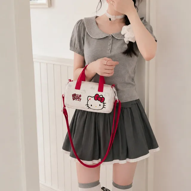 【SANRIO 三麗鷗】雙11 凱蒂貓便攜手提斜背包 圓筒包(Hello Kitty)