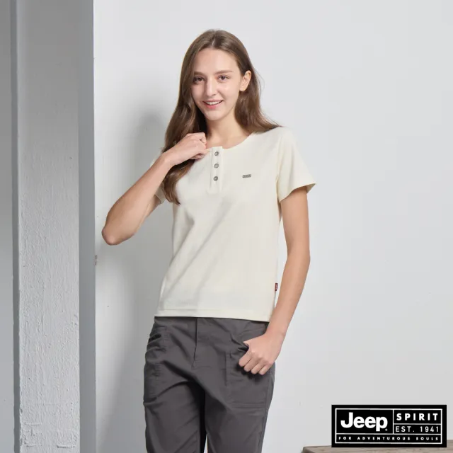 【JEEP】女裝 半開襟緹花短袖POLO衫(米白色)
