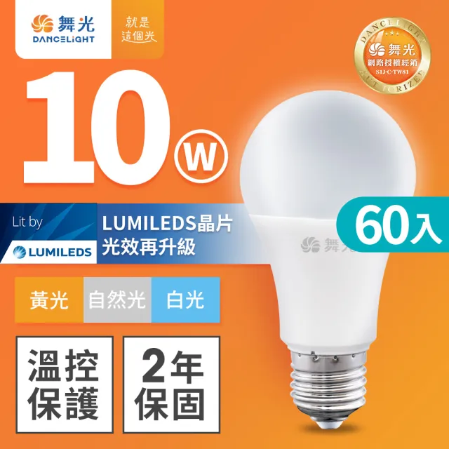 【DanceLight 舞光】60入組 新升級 10W LED燈泡 E27 全電壓(白光/自然光/黃光)