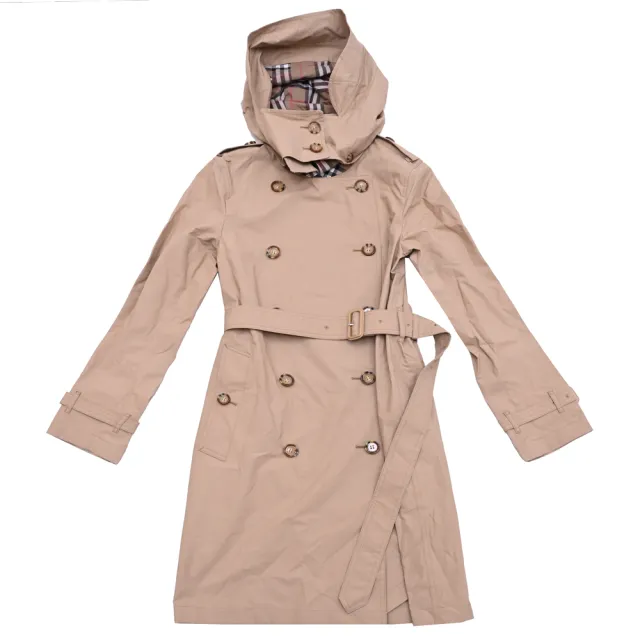 【BURBERRY 巴寶莉】英系內襯格紋雙排扣腰帶連帽風衣外套(卡其)