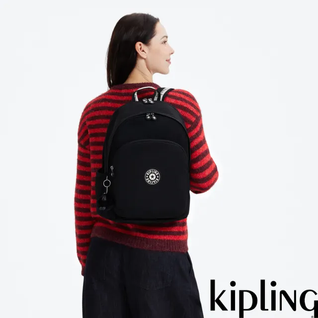 【KIPLING】黑白織帶時尚拉鍊大開口後背包-DELIA M 女包