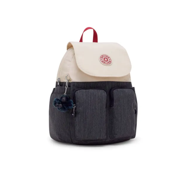【KIPLING】『猴子包』牛仔拼接掀蓋多袋收納後背包-CITY POCKET S 女包