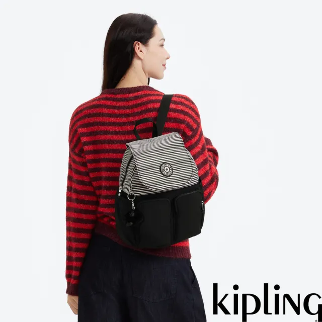 【KIPLING】『猴子包』白色條紋拼接掀蓋多袋收納後背包-CITY POCKET S 女包