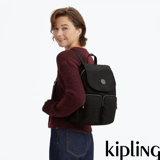 【KIPLING】『猴子包』黑色提花掀蓋多袋收納後背包-CITY POCKET S 女包