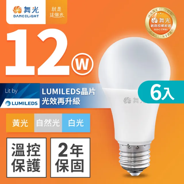 【DanceLight 舞光】6入組 新升級 12W LED燈泡 E27 全電壓(白光/自然光/黃光)