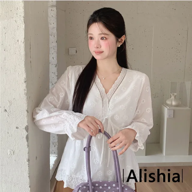 【Alishia】法式復古質感繡花蕾絲V領綁帶上衣 娃娃上衣 XL-4XL(米白色)