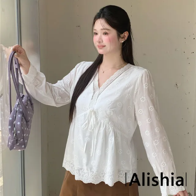 【Alishia】法式復古質感繡花蕾絲V領綁帶上衣 娃娃上衣 XL-4XL(米白色)