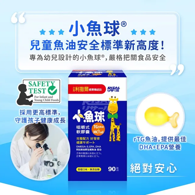 【小兒利撒爾】小魚球® 咀嚼式軟膠囊 90粒/瓶(TG型魚油、Omega3、DHA、EPA、無魚腥味)