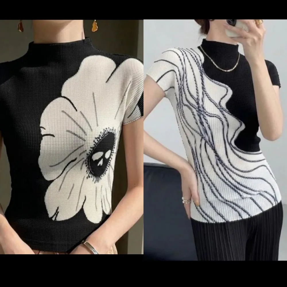 【巴黎精品】三宅風皺褶衣服套裝女上衣長裙高級摺衣彈力女裝顯瘦折衣大碼(T恤印花短袖3色k1ab29)
