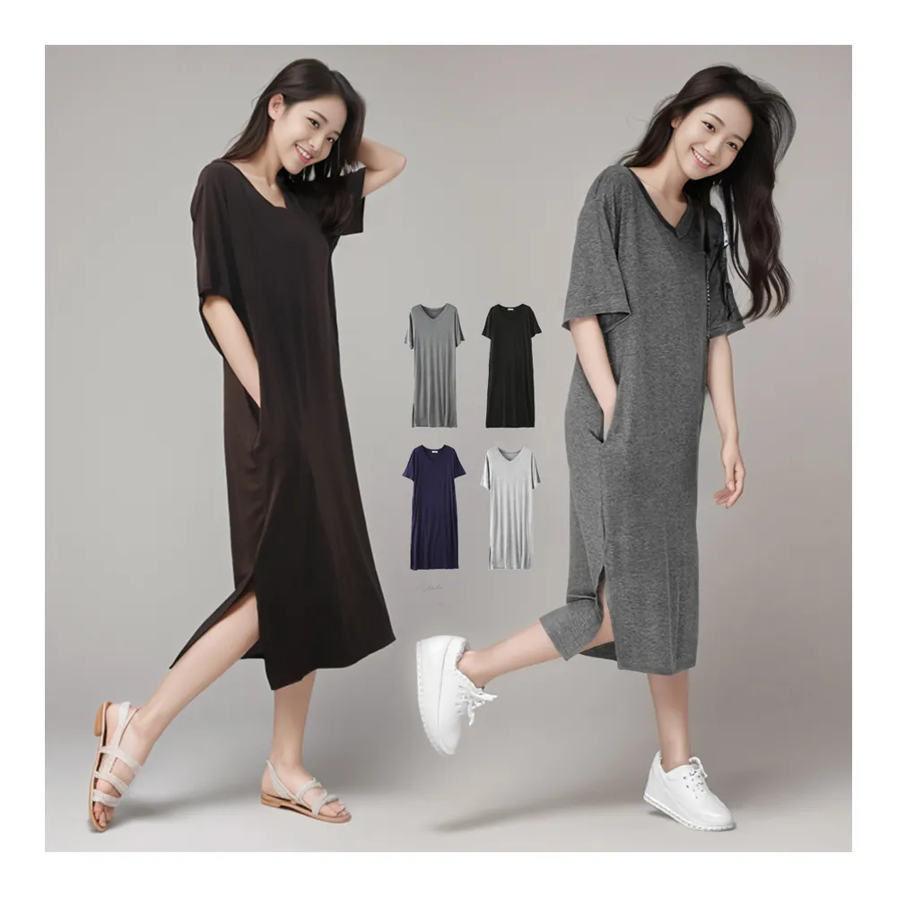 【Amore】夏日莫代爾短袖口袋連身裙(夏日穿搭必備)