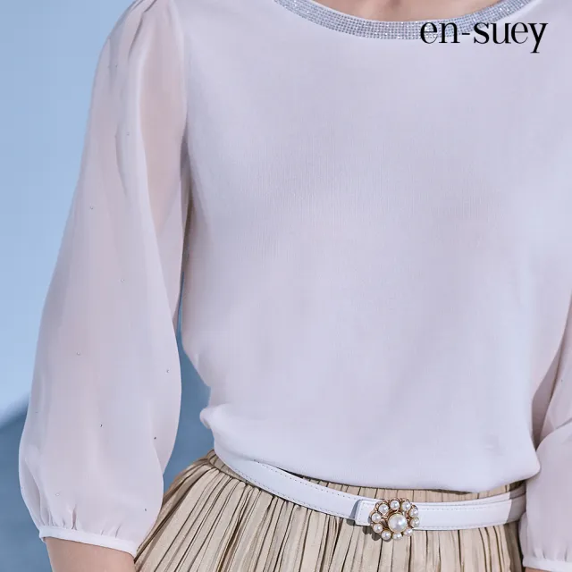 【en-suey 銀穗】EU領燙鑽異素材雪紡袖線衫-女