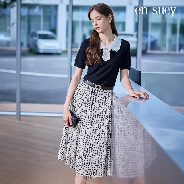 【en-suey 銀穗】EU撞色花邊領半開襟短袖線衫-女