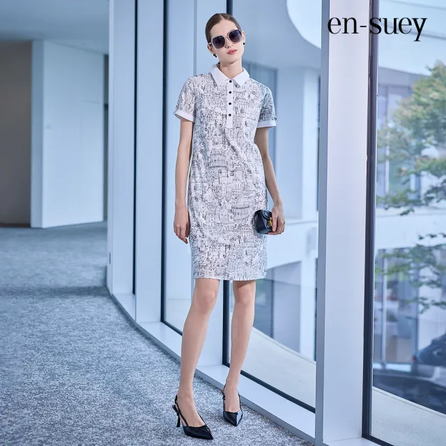 【en-suey 銀穗】EU純棉線條印圖半開襟連身洋裝-女