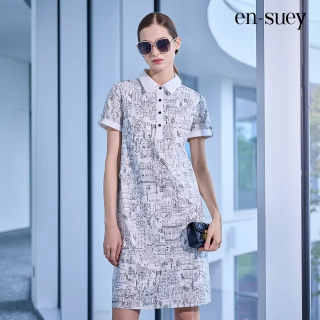 【en-suey 銀穗】EU純棉線條印圖半開襟連身洋裝-女