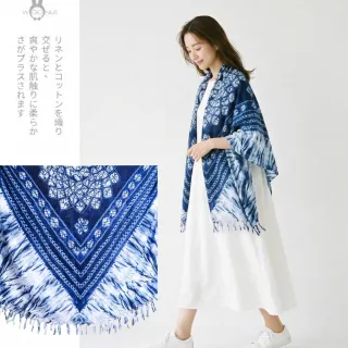 【WOONUE】日系棉麻藍染森林民族風披肩海灘巾披肩圍巾防曬披肩冷氣披巾青花瓷禮物母親媽女友老婆禮物情人節