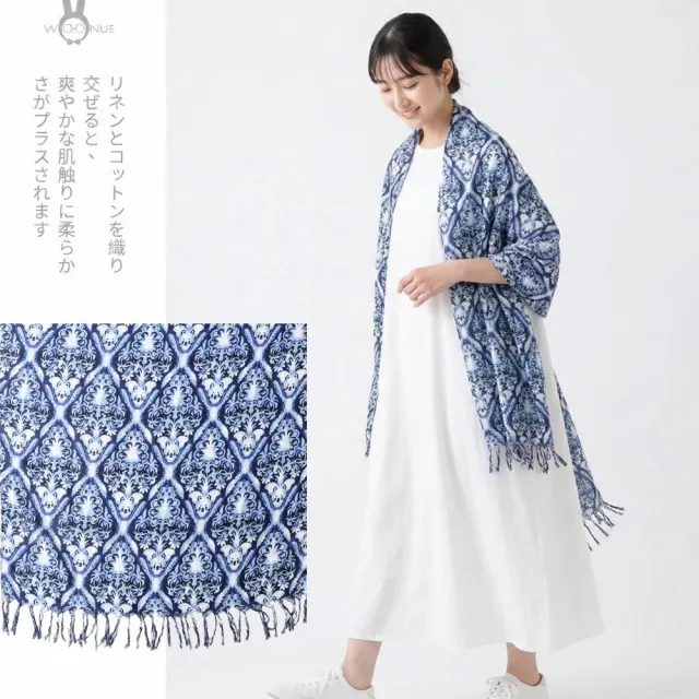 【WOONUE】日系棉麻藍染森林民族風披肩海灘巾披肩圍巾防曬披肩冷氣披巾青花瓷禮物母親媽女友老婆禮物情人節