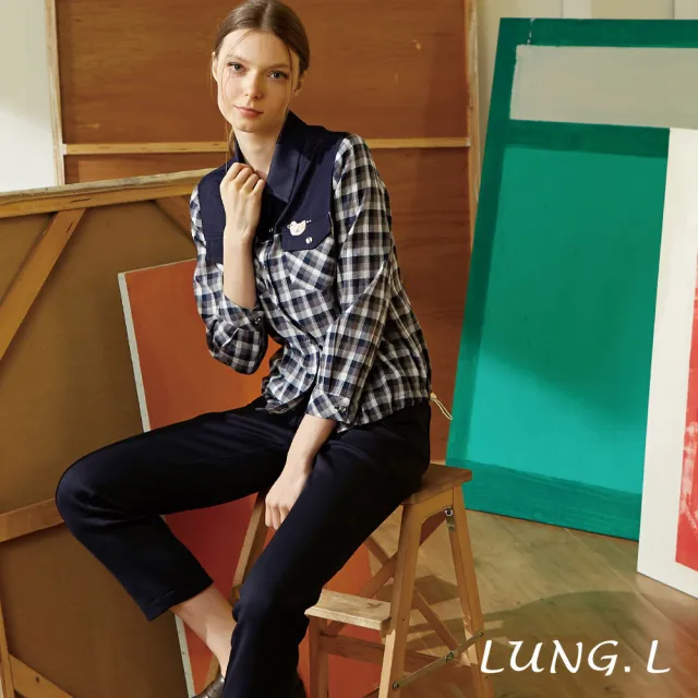 【LUNG.L 林佳樺】LX10A 深藍格紋拼接雙口袋長袖女裝襯衫(罩衫)