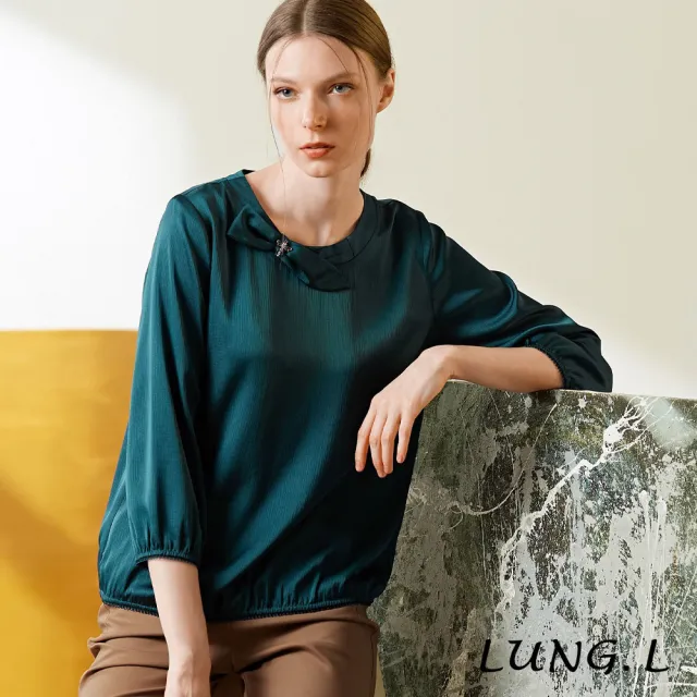【LUNG.L 林佳樺】LX19A 綠色優雅蝴蝶結造型七分袖女裝上衣