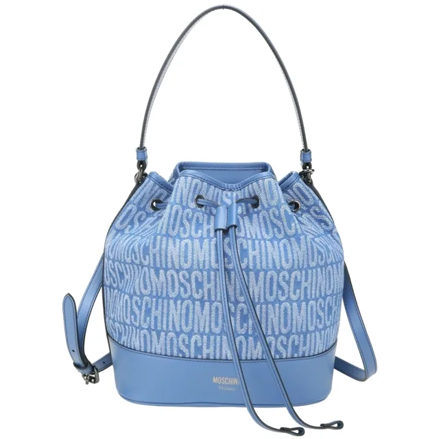 【MOSCHINO】字母緹花布拼牛皮手提 斜背水桶包(藍色 兩用包 肩背 帆布)