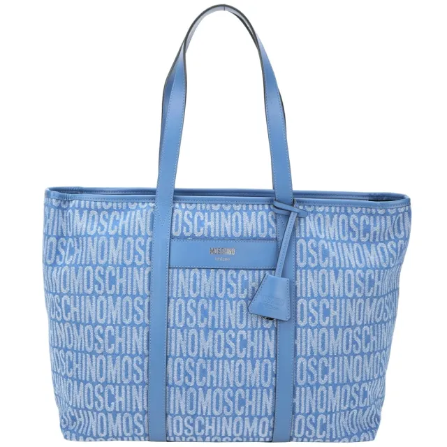 【MOSCHINO】字母緹花布拼牛皮附吊飾肩背托特包(藍色 手提 帆布包 通勤包)