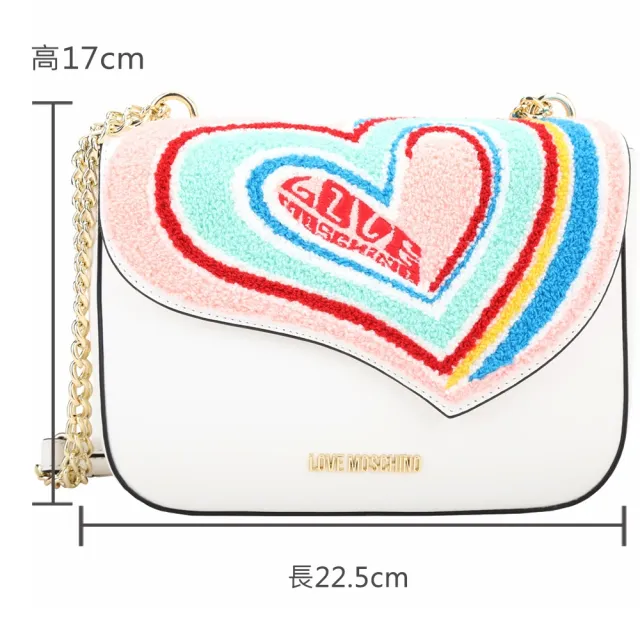 【MOSCHINO】LOVE MOSCHINO 毛呢彩虹愛心牛皮鍊帶翻蓋斜背包(白色 肩背 鍊條包 真皮)