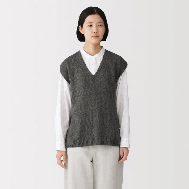 【MUJI 無印良品】女棉混節紗V領背心(墨灰/象牙白/米色)