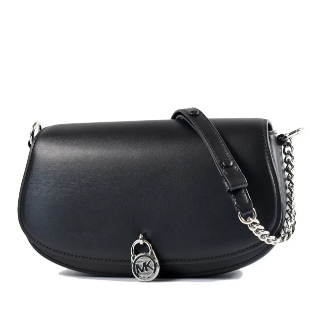 【Michael Kors】Mila 鍊帶翻蓋肩背/斜背二用鎖頭包-黑色/銀