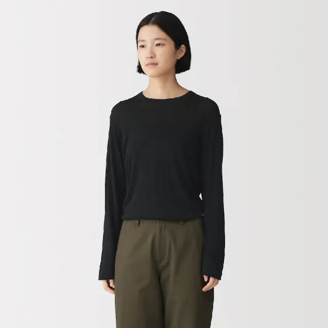 【MUJI 無印良品】女大豆纖維透膚圓領針織衫(灰色/黑色/象牙白/黃色)