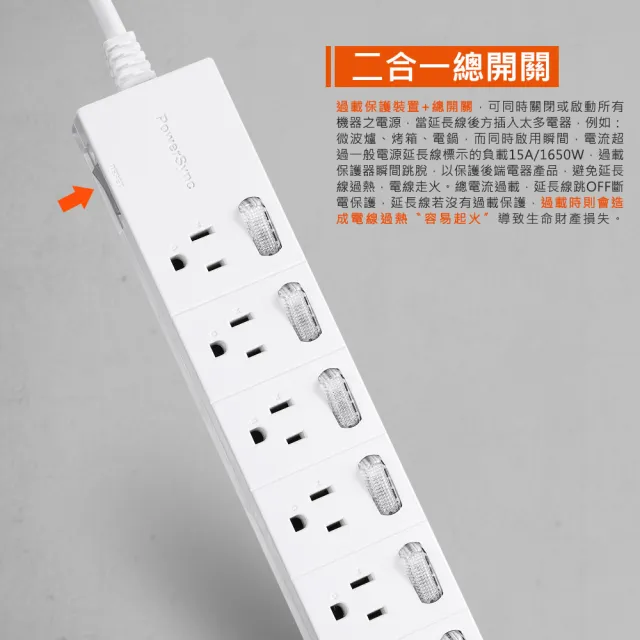 【PowerSync 群加】7開6插防雷擊延長線/1.8M