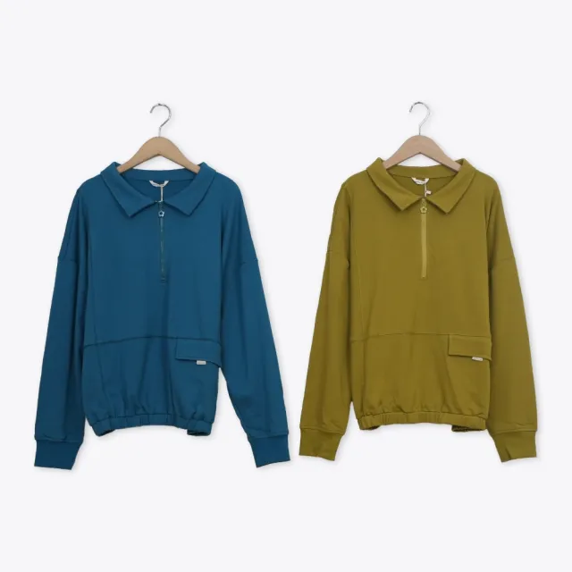 【MOSS CLUB】襯衫領半開拉鍊長袖棉T上衣 藍 黃