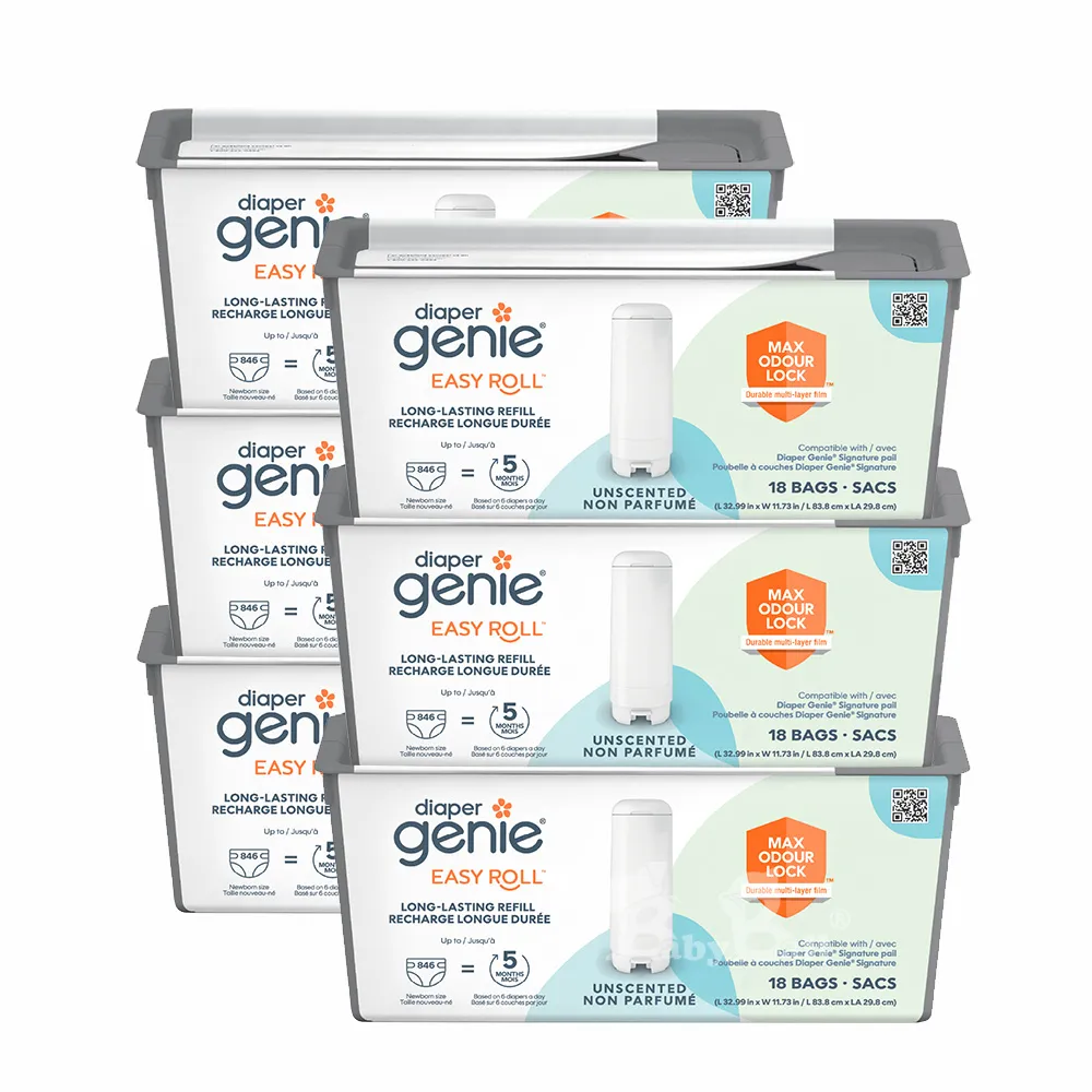【Diaper Genie】加拿大 Diaper Genie 不鏽鋼 EZ 雙重鎖臭尿布處理器 專用易撕袋補充盒*6入(易撕 鎖臭)