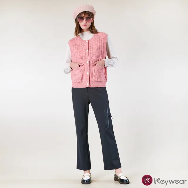 【KeyWear 奇威名品】口袋拉鍊裝飾長褲