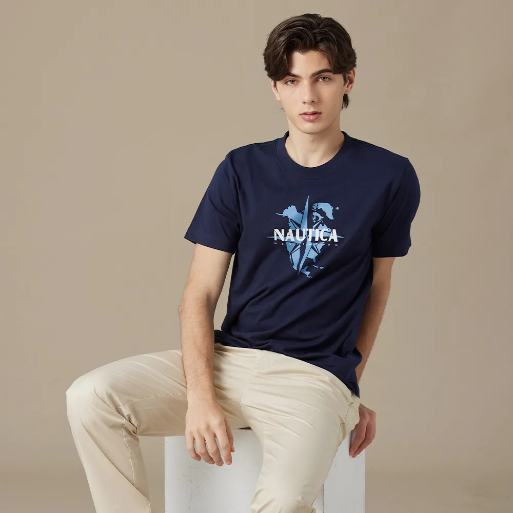 【NAUTICA】官方旗艦 男裝  指南針圖騰印花短袖T恤(藍色)