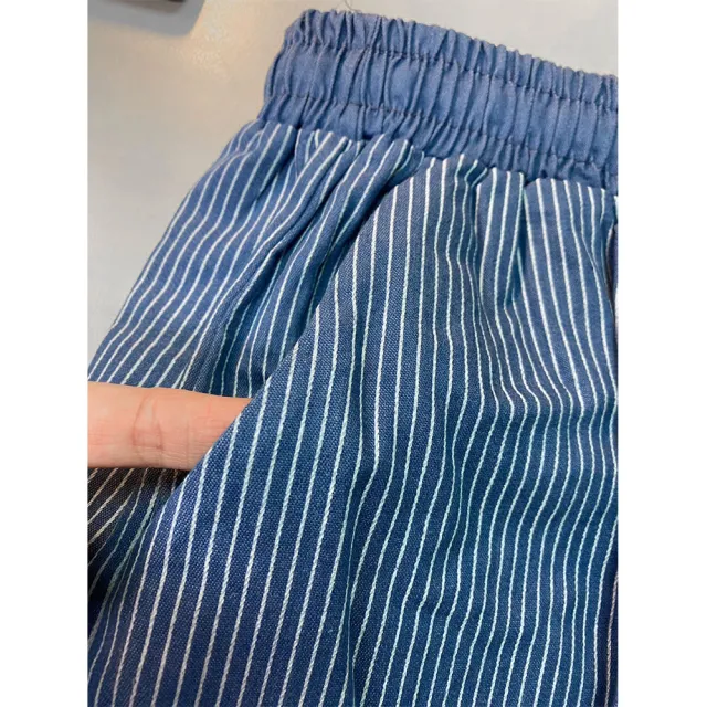 【buyer 白鵝】慵懶感 藍白直紋 綁帶 休閒褲(深藍直紋)