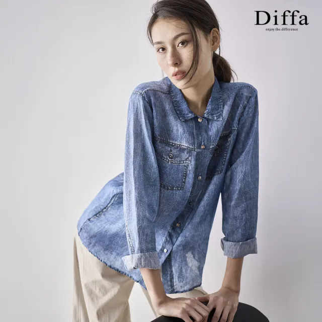 【Diffa】牛仔刷色印長袖襯衫-女